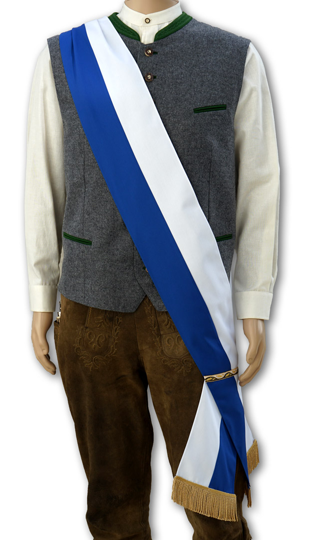 weiss-blaue Schärpe aus Mischgewebe, links, mit Goldborte und Golddrallfransen