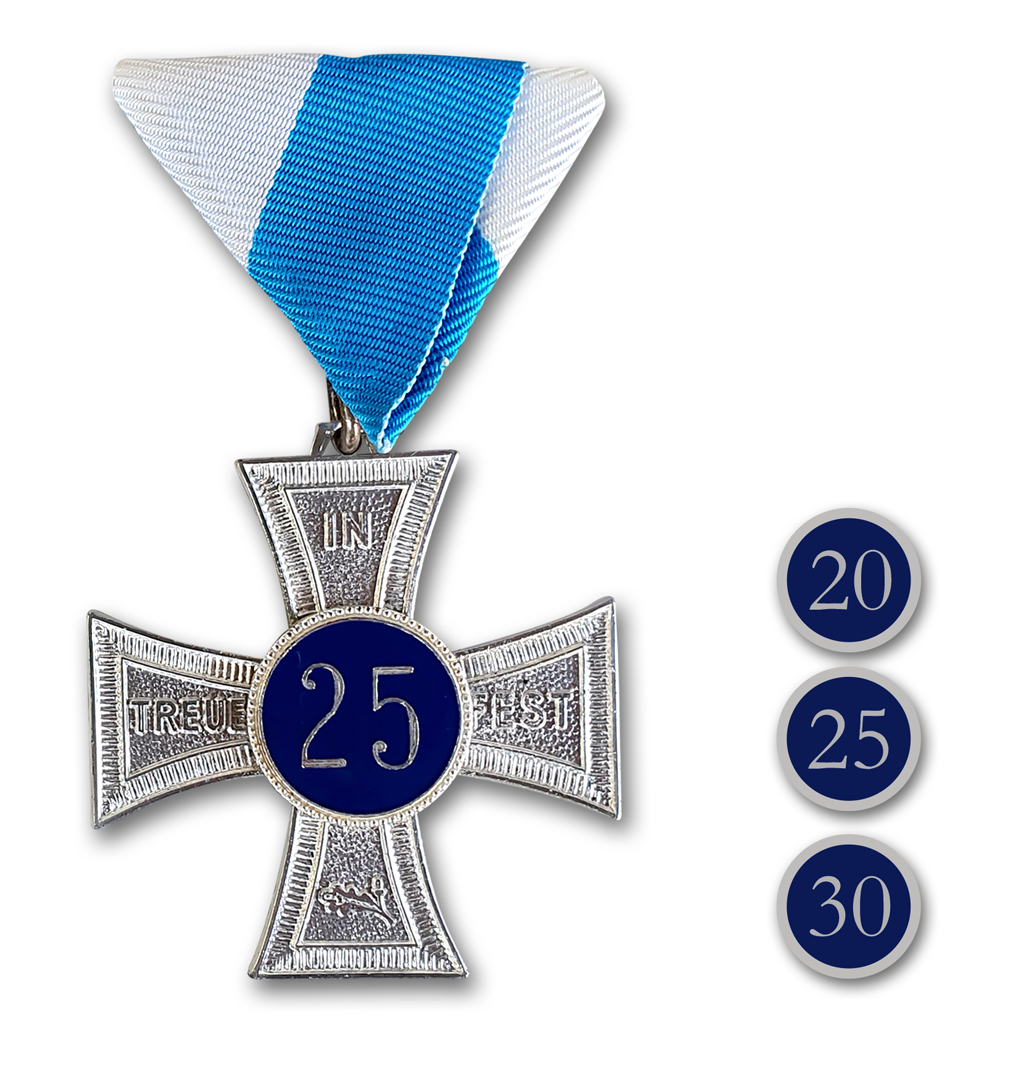 Ehrenkreuz In Treue fest in silber mit Zahlen und Bandschluppe in weiss-blau