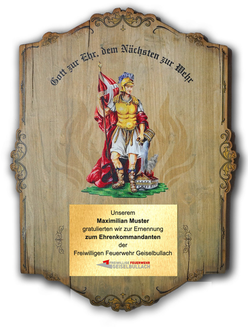 Ehrentafel auf Holz gedruckt Feuerwehr