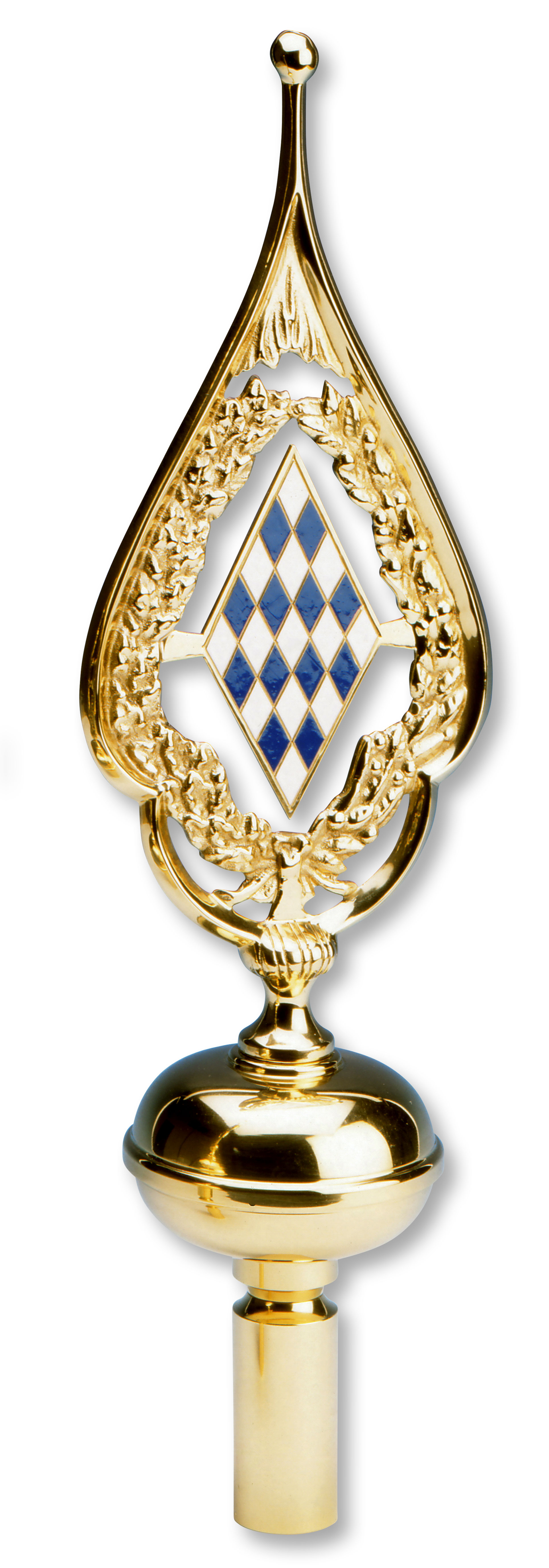 Weiss-blaues Rautensymbol in einen goldfarbenem, spitz zulaufenden Messingrahmen.