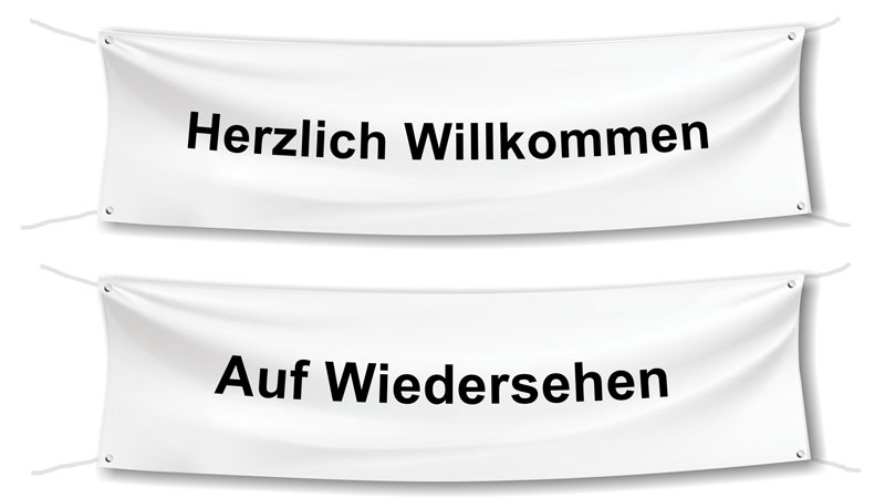 Spannbänder "Herzlich Willkommen" und "Auf Wiedersehen"