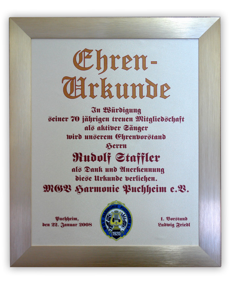 Ehrentafel auf Seide gedruckt - Ehrungsurkunde