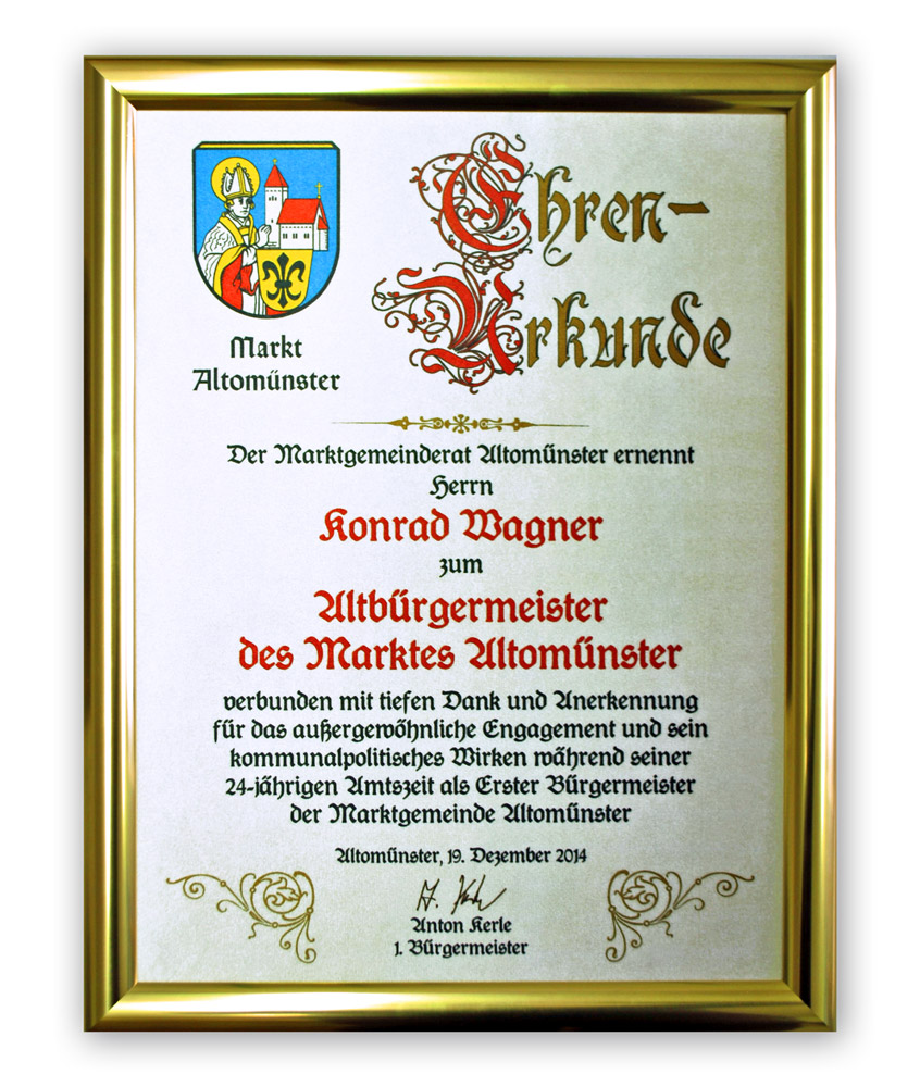 Ehrentafel auf Seide gedruckt - Ehrungsurkunde