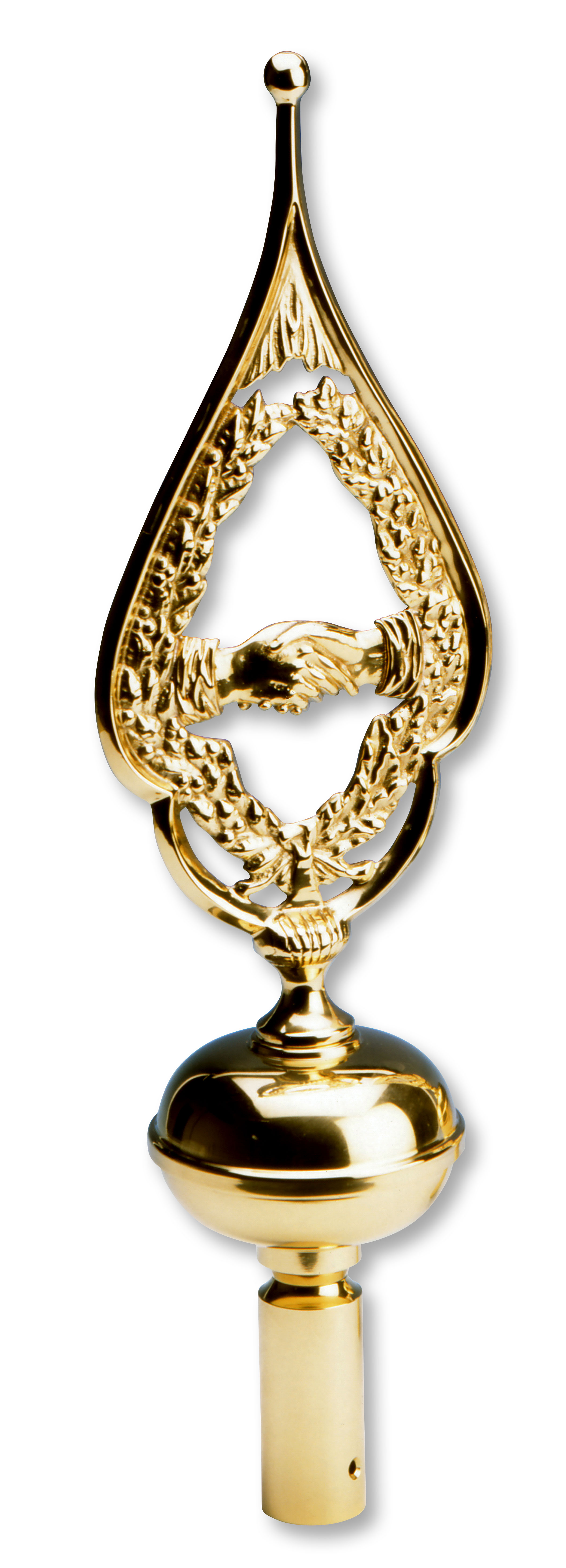 Zwei ineinander verschlungene Hände als Zeichen der Freundschaft in einem goldenen, spitz zulaufenden Rahmen.