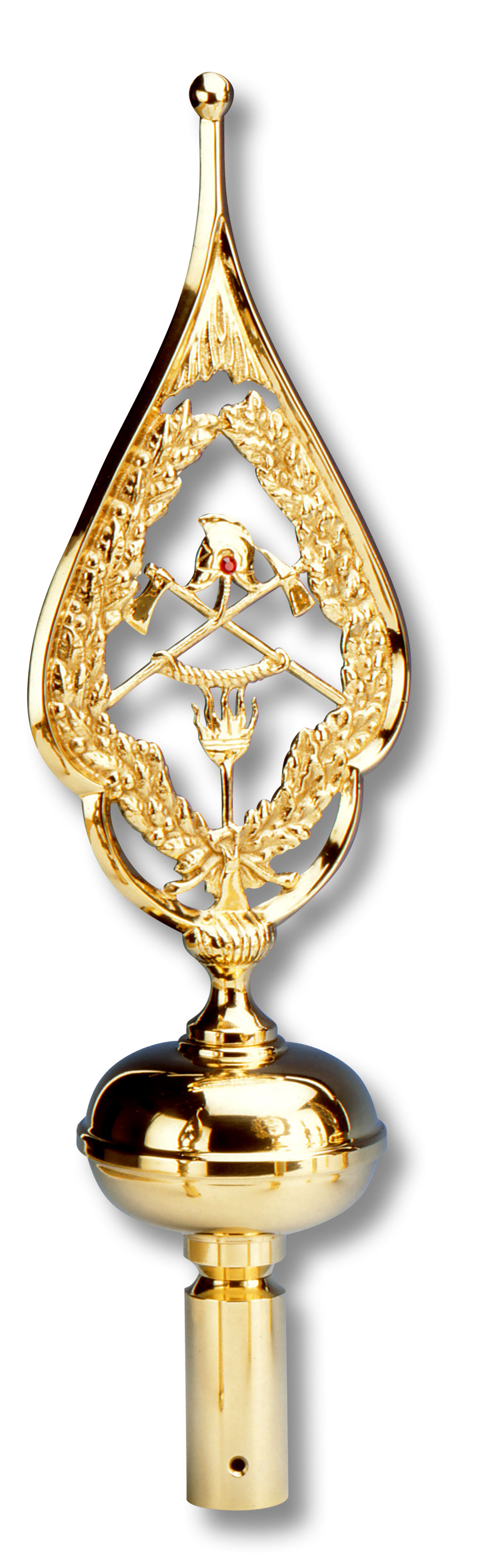 Reich verzierte Fahnenspitze aus goldenem Messing. Verzierung aus Eichenlaub. Innenmotiv mit Helm, Beil und Flamme