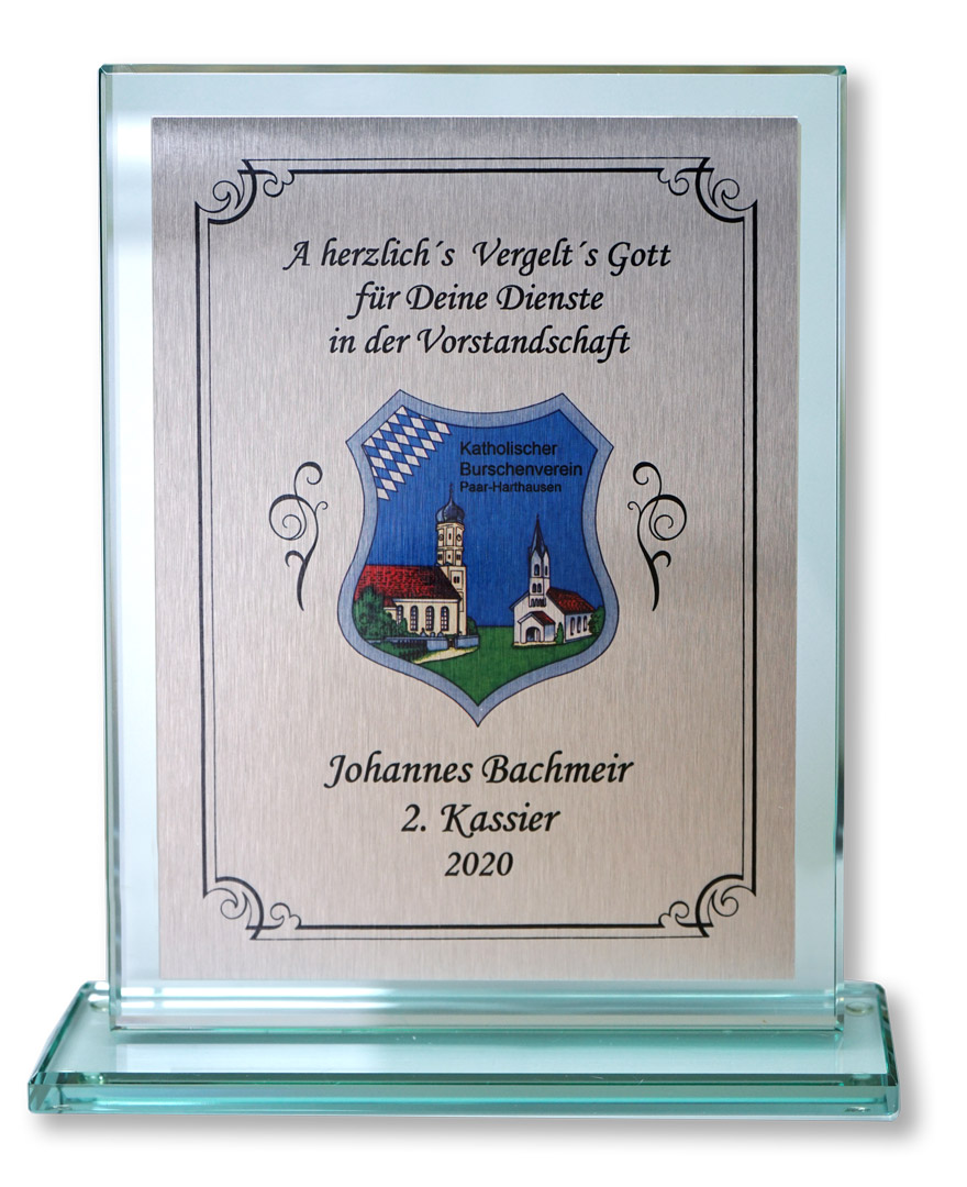Glastrophies mit bedrucktem Aluschild