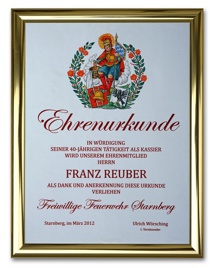 Ehrentafel auf Seide gedruckt - Ehrungsurkunde